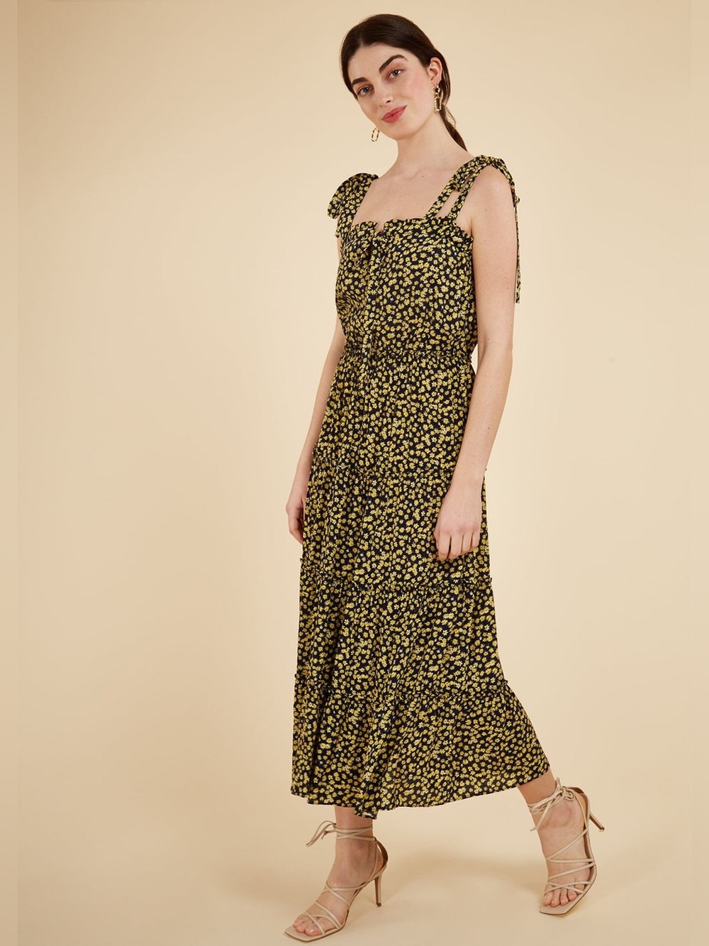 FRNCH Black Maxi Dress with Yellow Floral Print